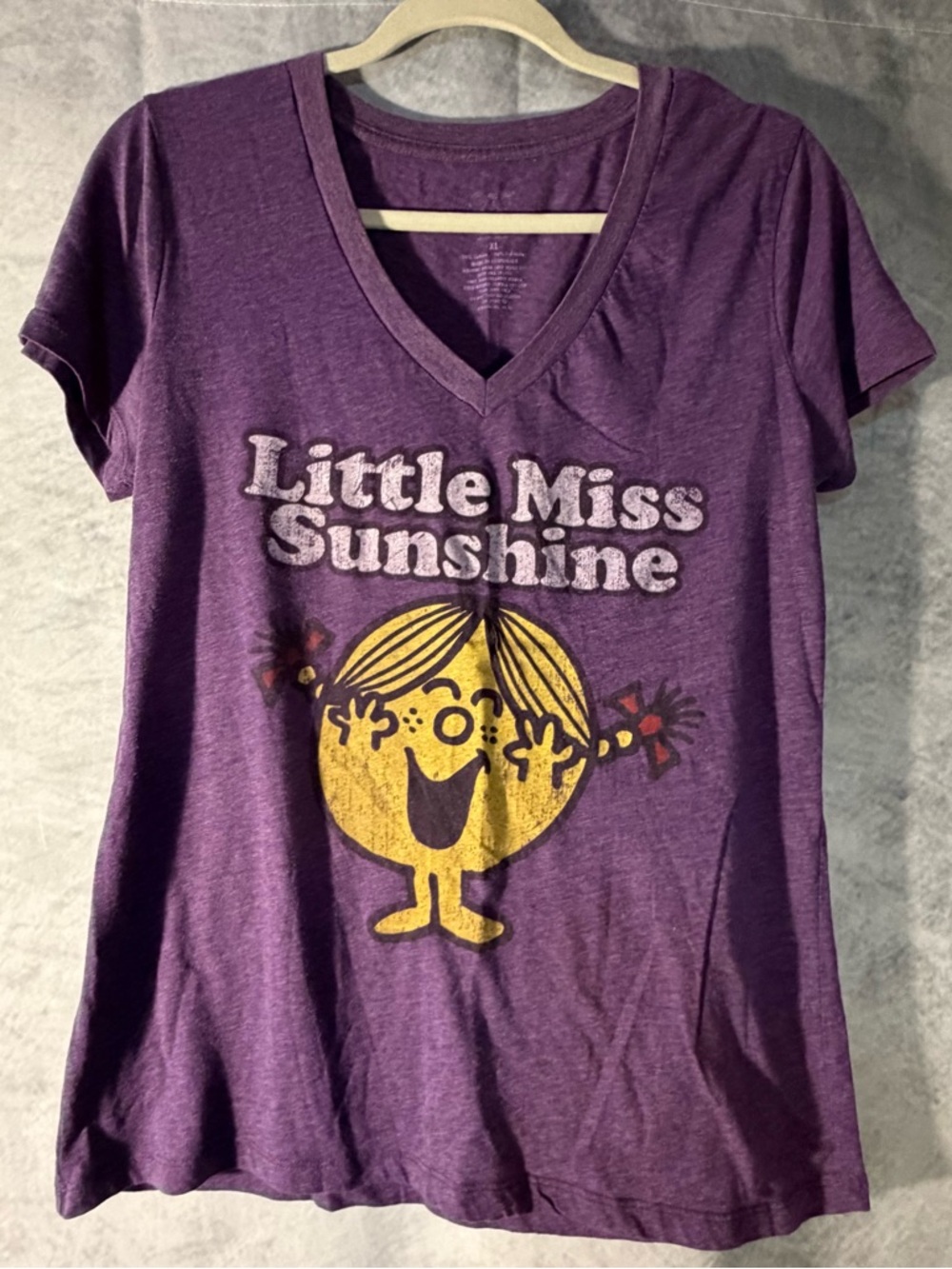Little Miss Sunshine Graphic Tee Purple V-Neck Women’s XL Cartoon Shirt